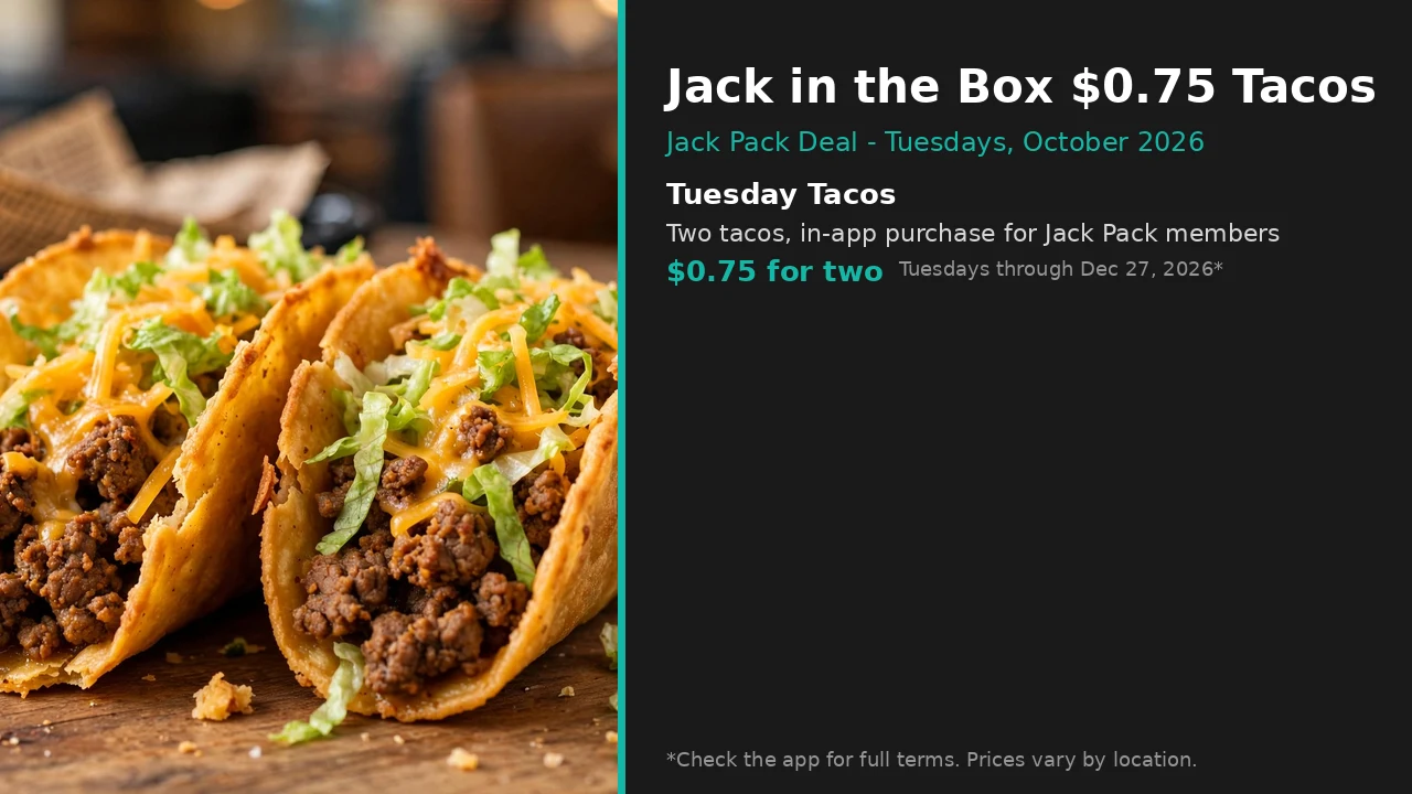 Infographic: Jack in the Box two tacos for $0.75 every Tuesday for Jack Pack members, October 2026