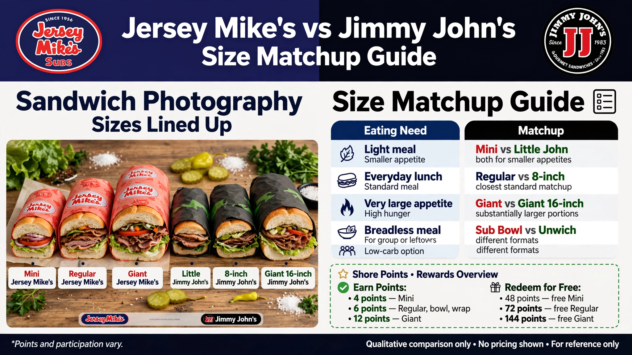 Jersey Mike's vs Jimmy John's size matchup guide infographic