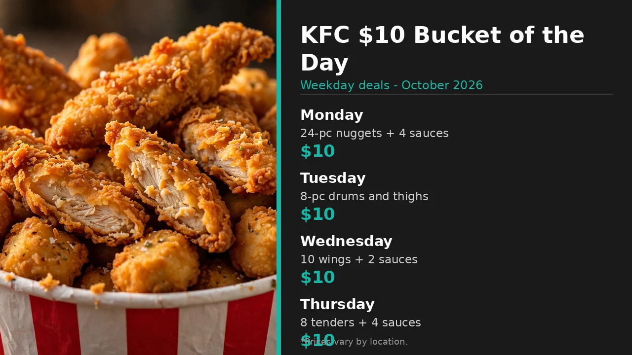 Infographic: KFC $10 Bucket of the Day weekday chicken bucket deals, October 2026