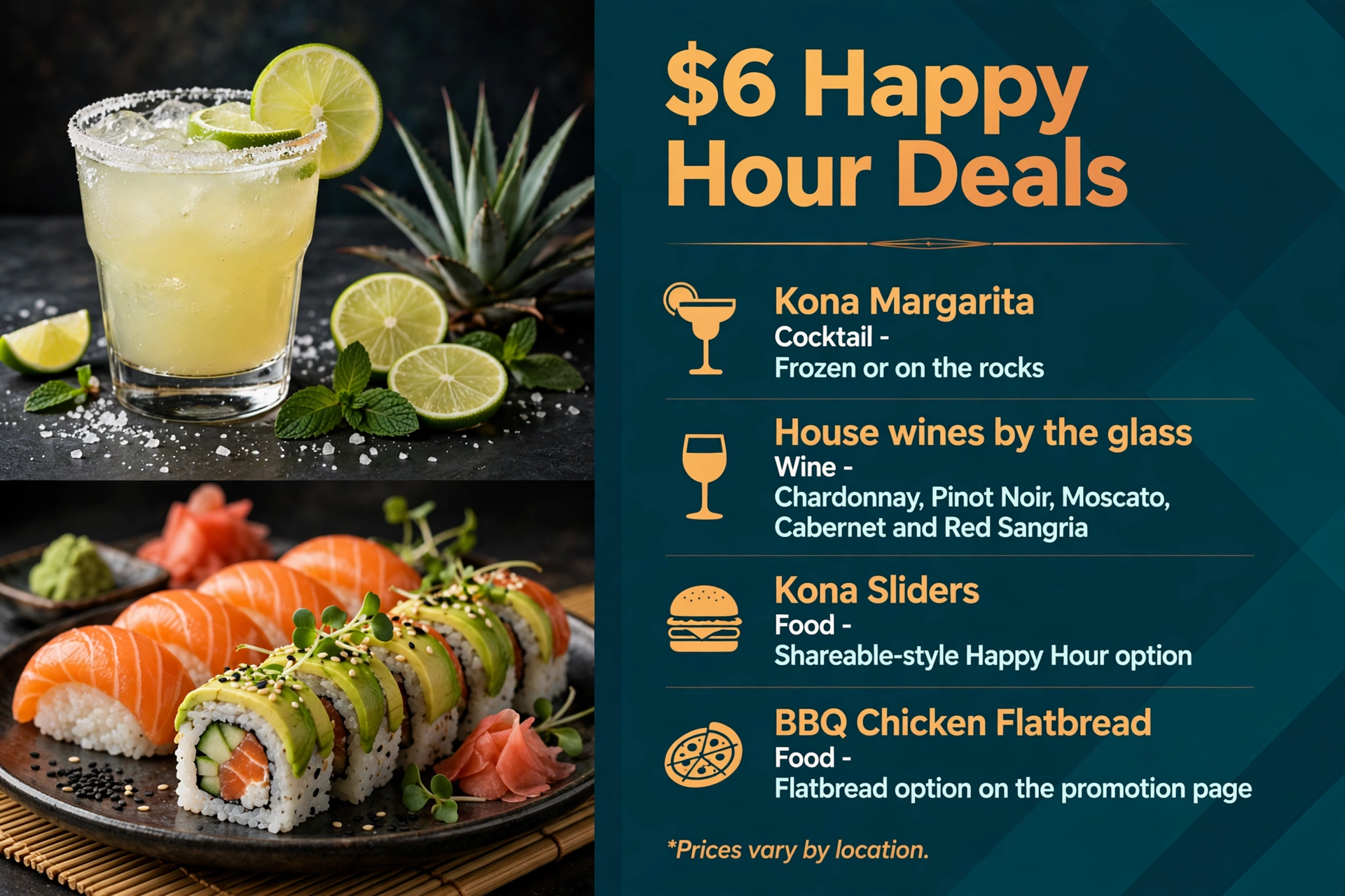 Kona Grill 6 dollar happy hour deals infographic