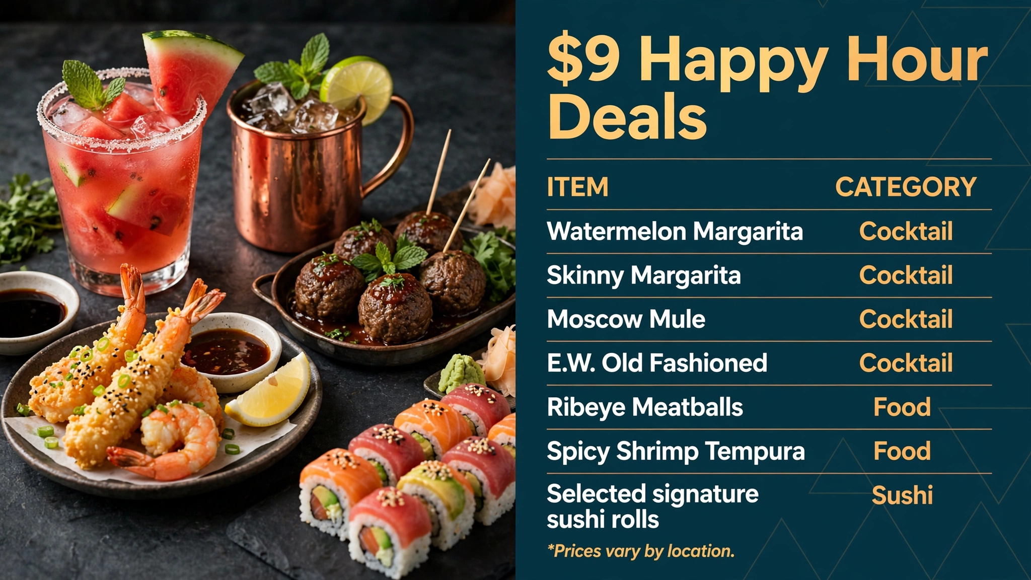 Kona Grill 9 dollar happy hour deals infographic