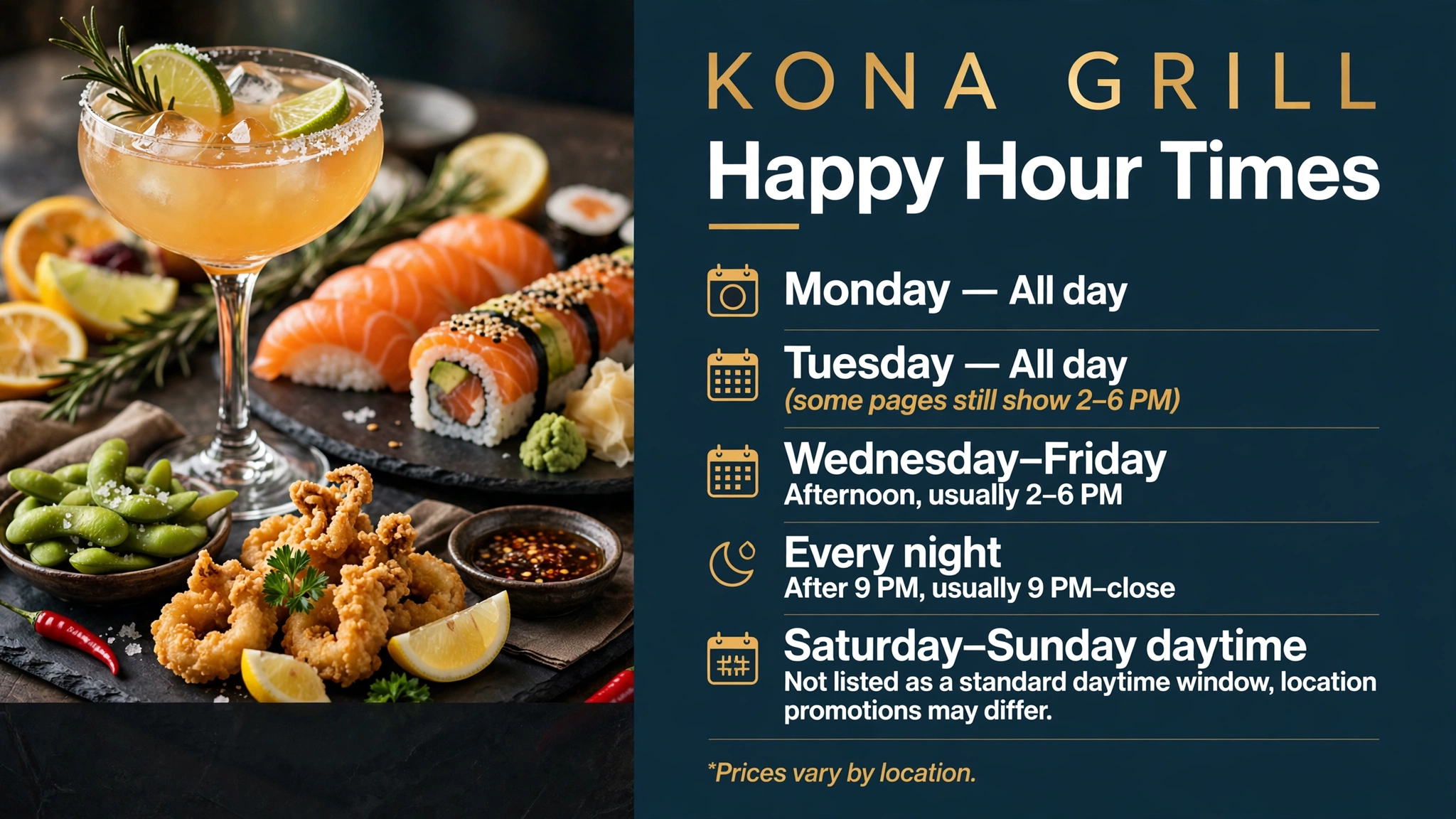 Kona Grill happy hour times infographic