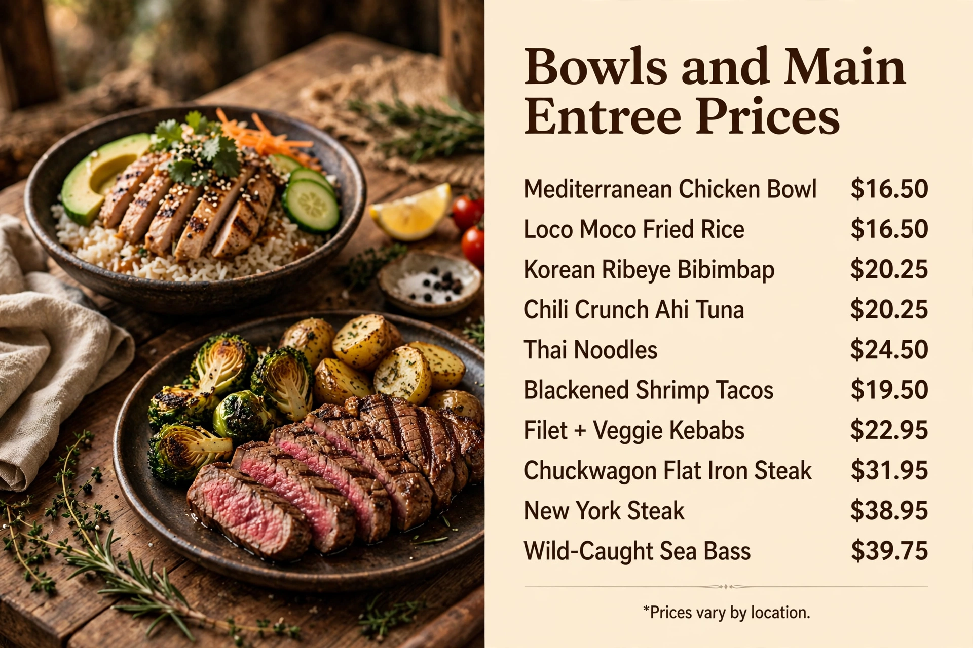 Lazy Dog bowls and main entree menu prices infographic