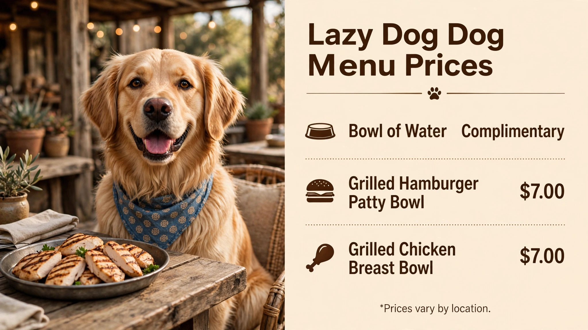 Lazy Dog dog menu prices infographic with dog-friendly bowls