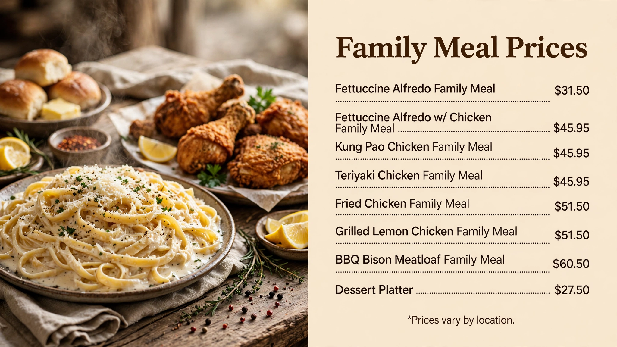 Lazy Dog family meal menu prices infographic