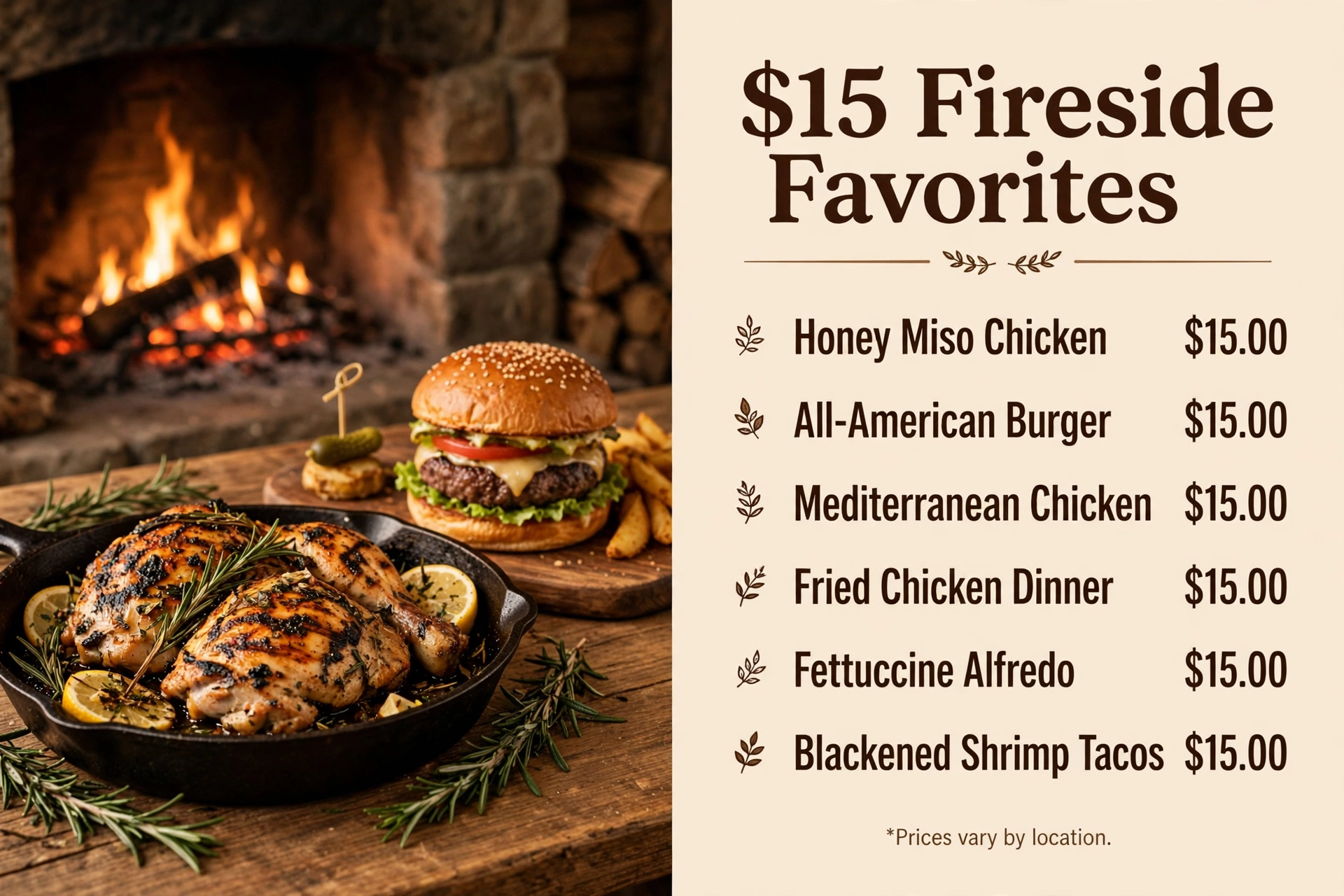 Lazy Dog 15 dollar Fireside Favorites menu prices infographic