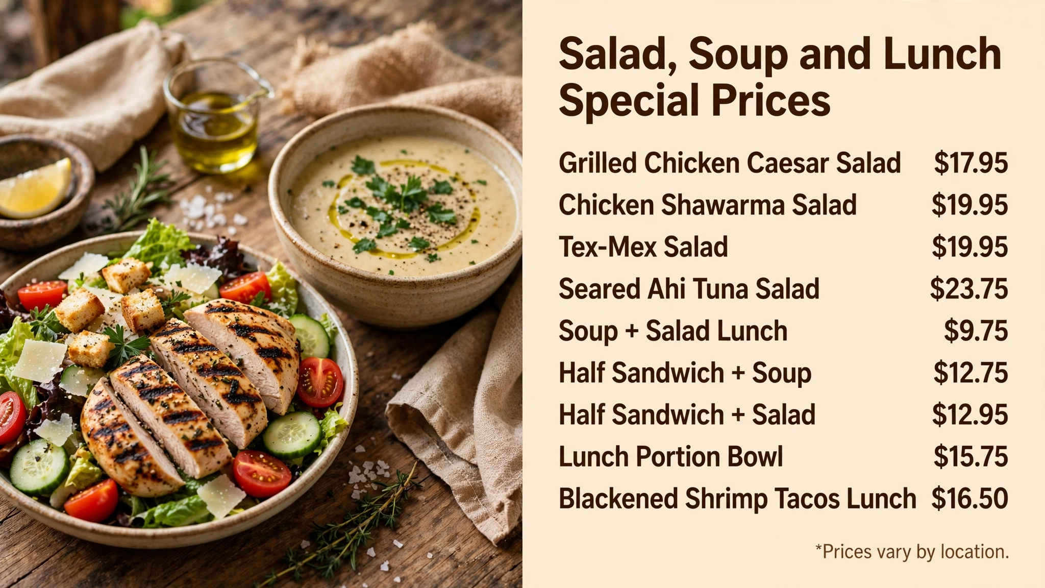 Lazy Dog salad soup and lunch special menu prices infographic