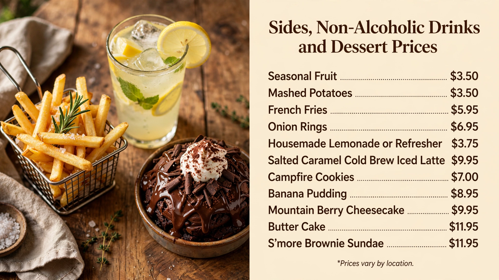Lazy Dog sides drinks and dessert menu prices infographic