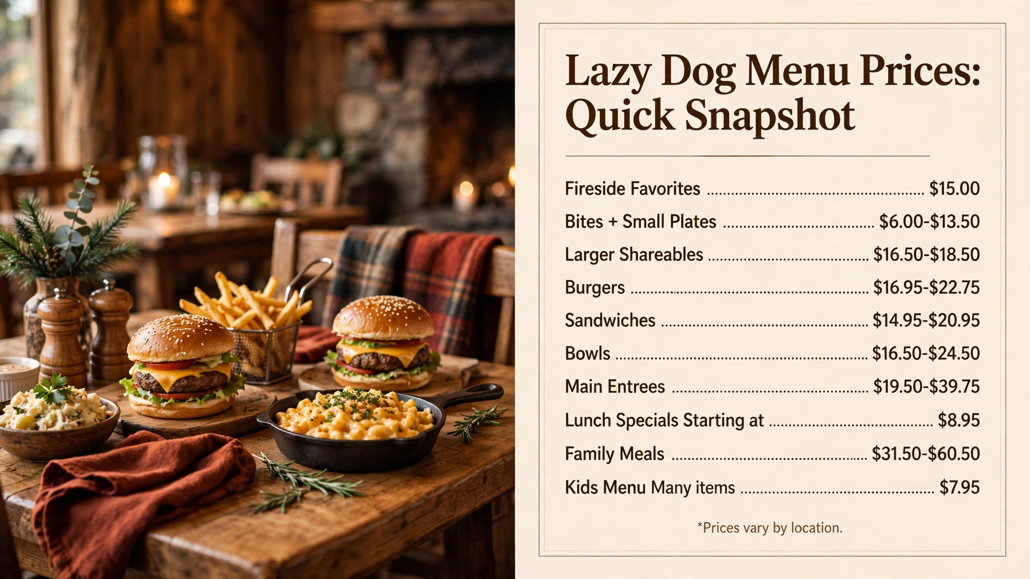 Lazy Dog menu prices quick snapshot infographic with category price ranges