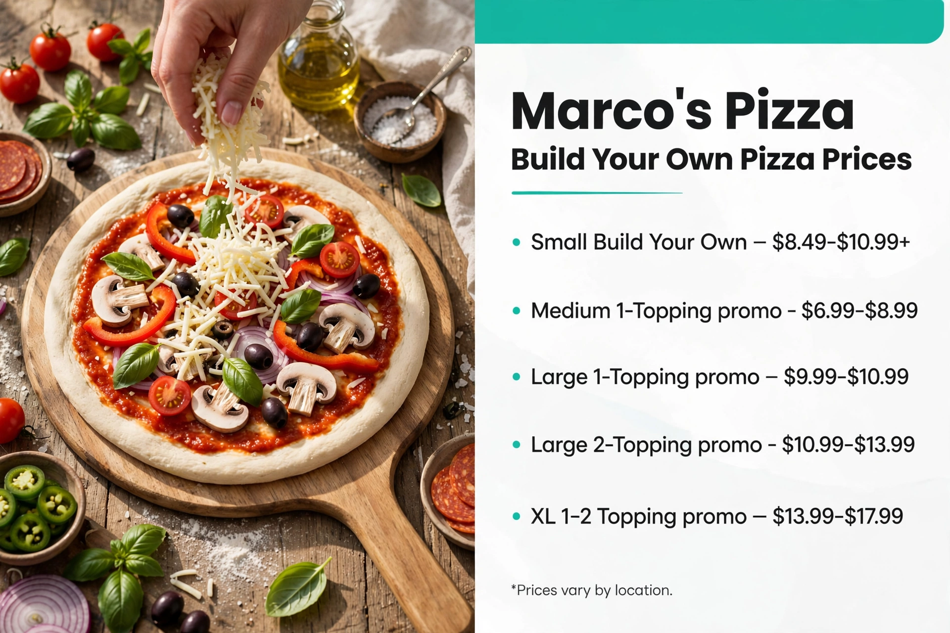 Marcos Pizza menu prices: Build Your Own Pizza Prices infographic