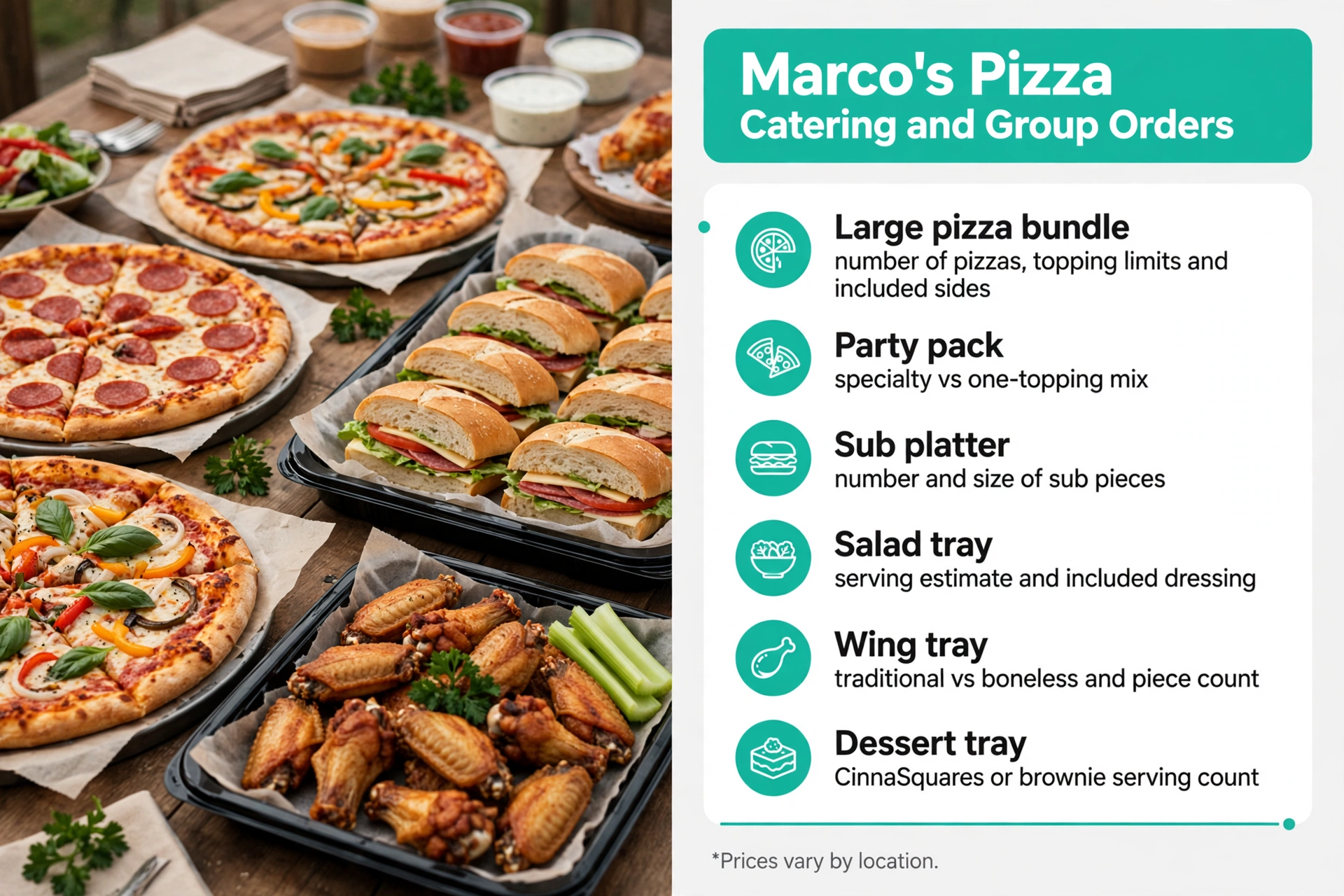 Marcos Pizza menu prices: Catering and Group Orders infographic