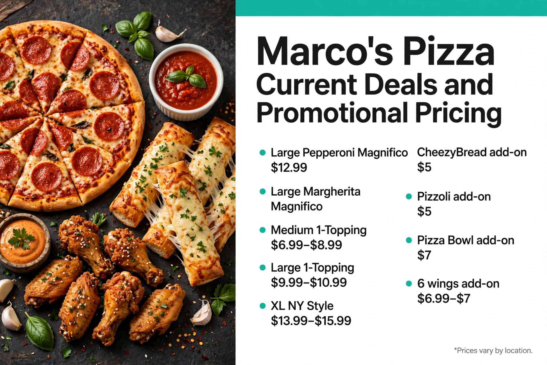 Marcos Pizza menu prices: Current Deals and Promotional Pricing infographic