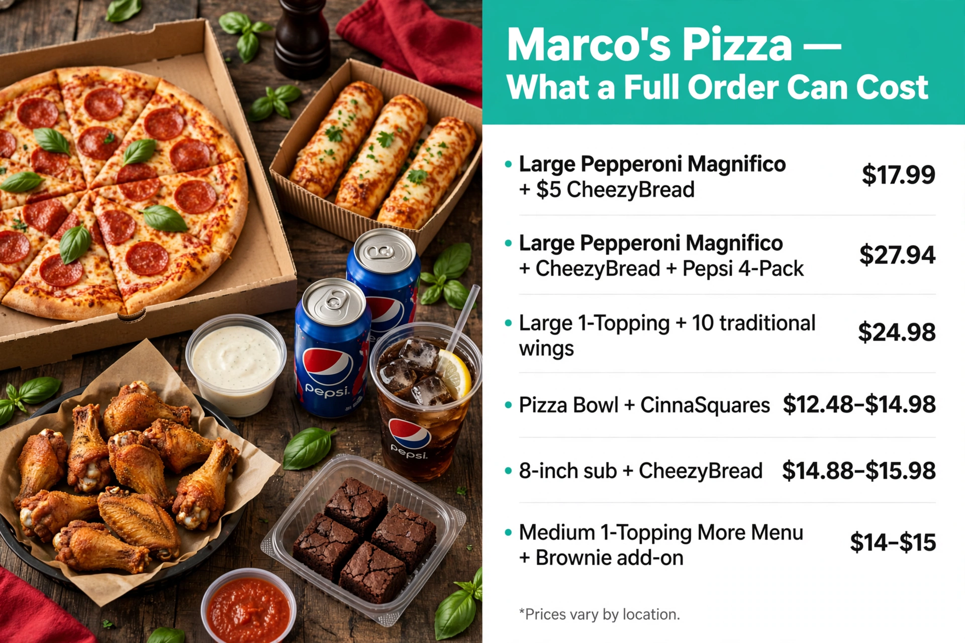 Marcos Pizza menu prices: What a Full Marco's Pizza Order Can Cost infographic