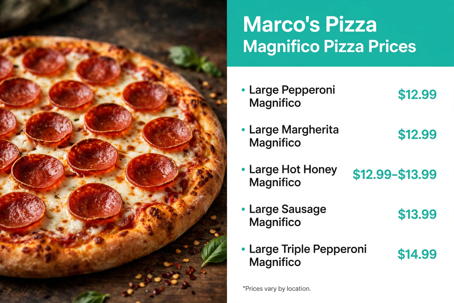 Marcos Pizza menu prices: Magnifico Pizza Prices infographic