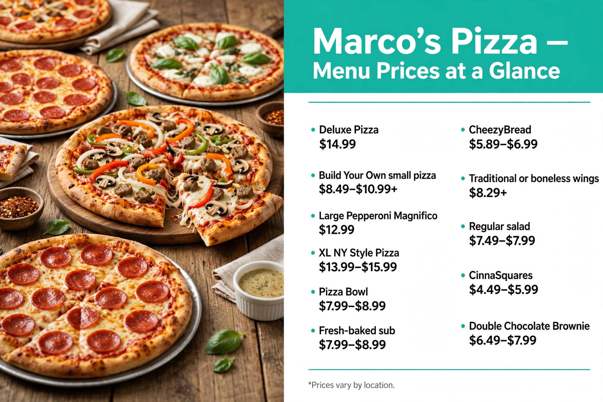 Marcos Pizza menu prices: Marco's Pizza Menu Prices at a Glance infographic