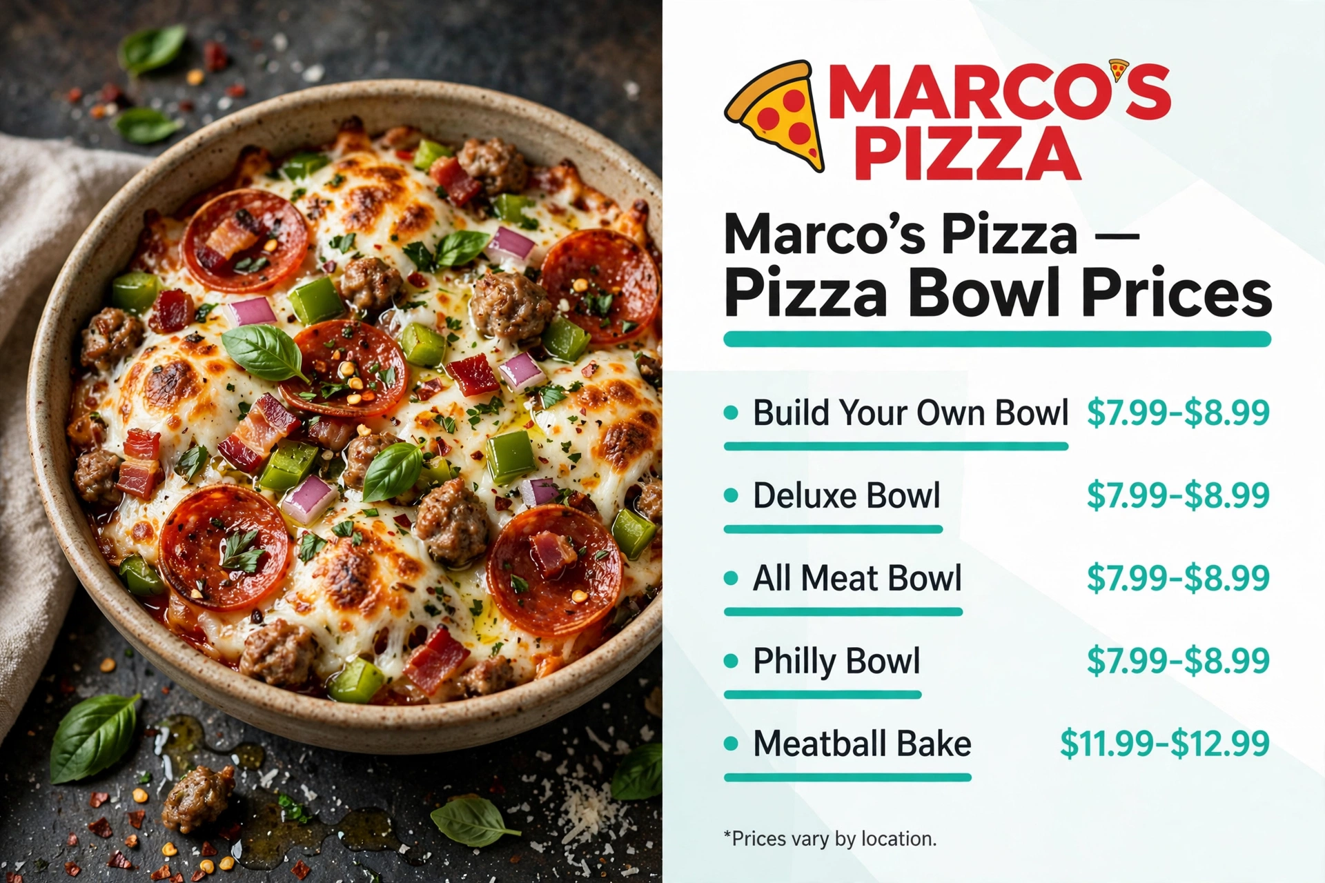 Marcos Pizza menu prices: Pizza Bowl Prices infographic