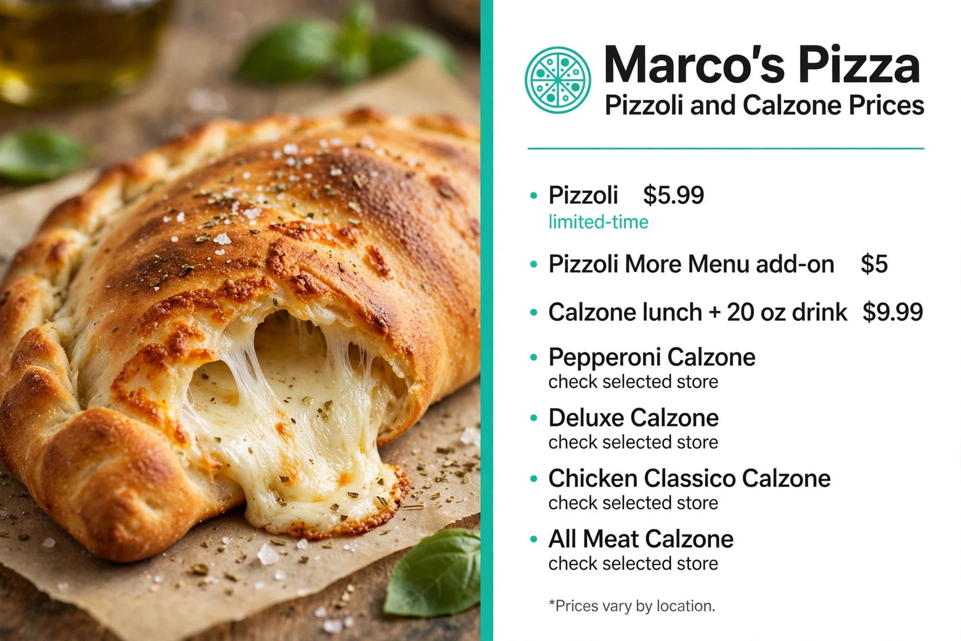 Marcos Pizza menu prices: Pizzoli and Calzone Prices infographic