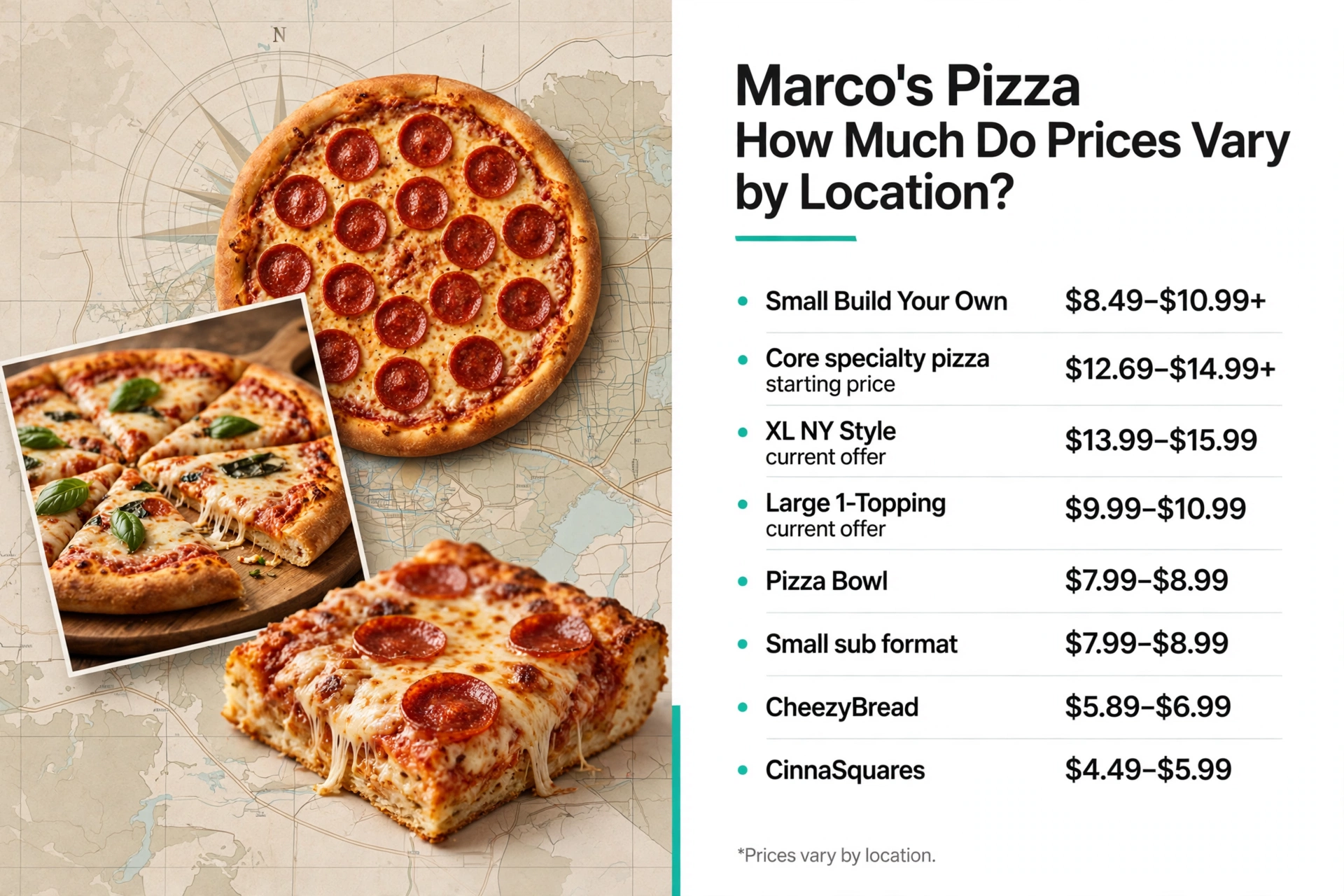 Marcos Pizza menu prices: How Much Do Marco's Prices Vary by Location? infographic