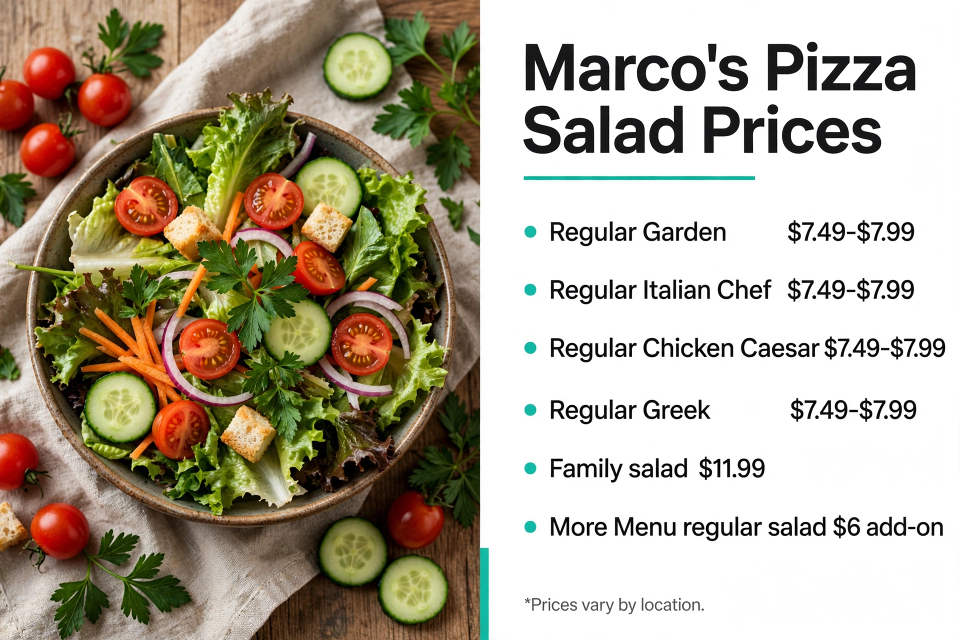 Marcos Pizza menu prices: Salad Prices infographic