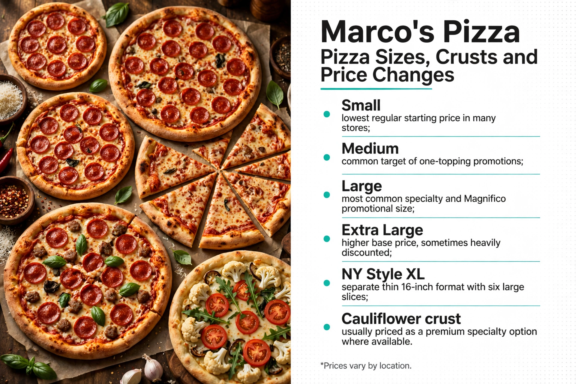 Marcos Pizza menu prices: Pizza Sizes, Crusts and Price Changes infographic