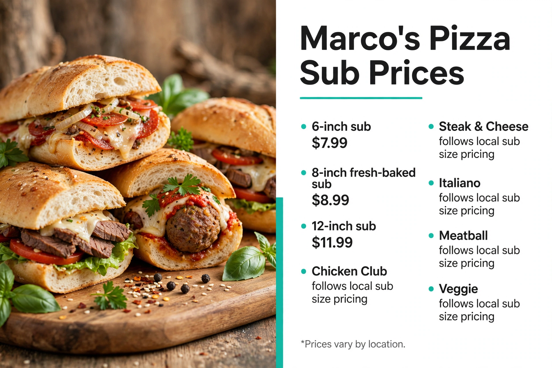 Marcos Pizza menu prices: Sub Prices infographic