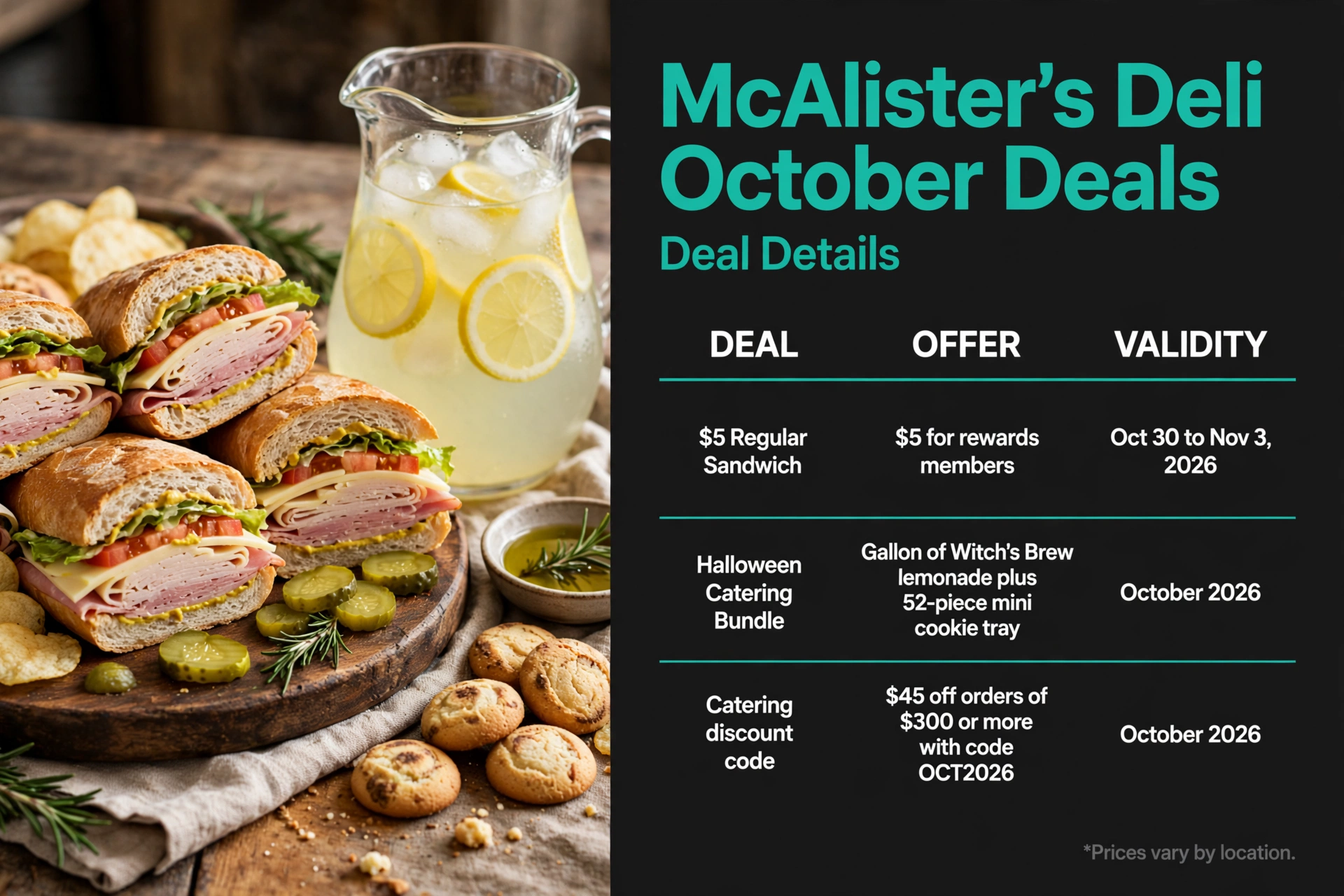 McAlister's Deli $5 sandwich and Halloween catering deal infographic