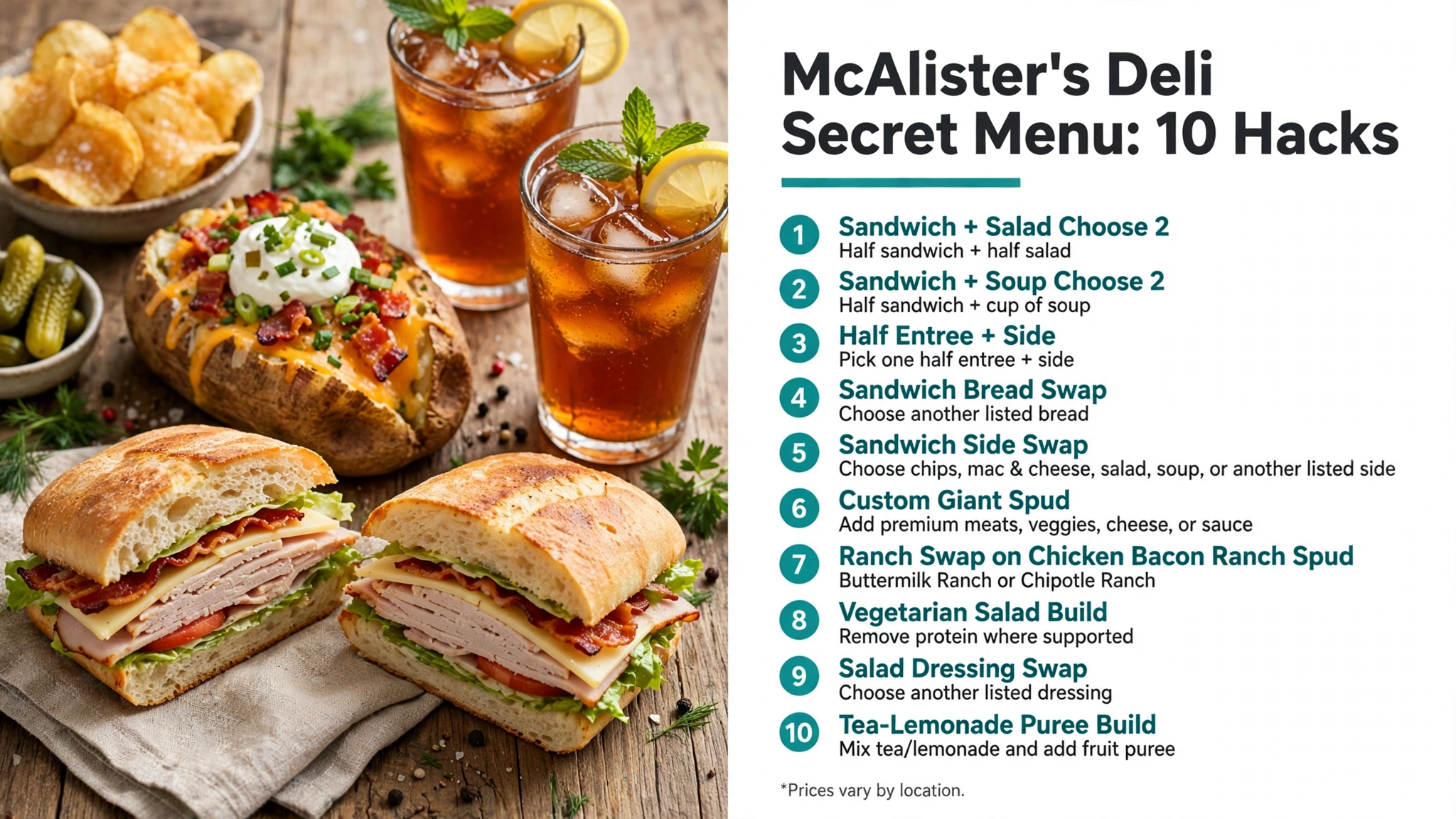 McAlister's Deli secret menu hacks infographic showing 10 sandwich, spud and tea hacks