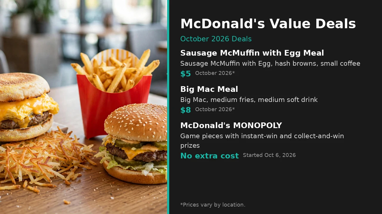 Infographic: McDonald's $5 Sausage McMuffin with Egg Meal, $8 Big Mac Meal and MONOPOLY return, October 2026
