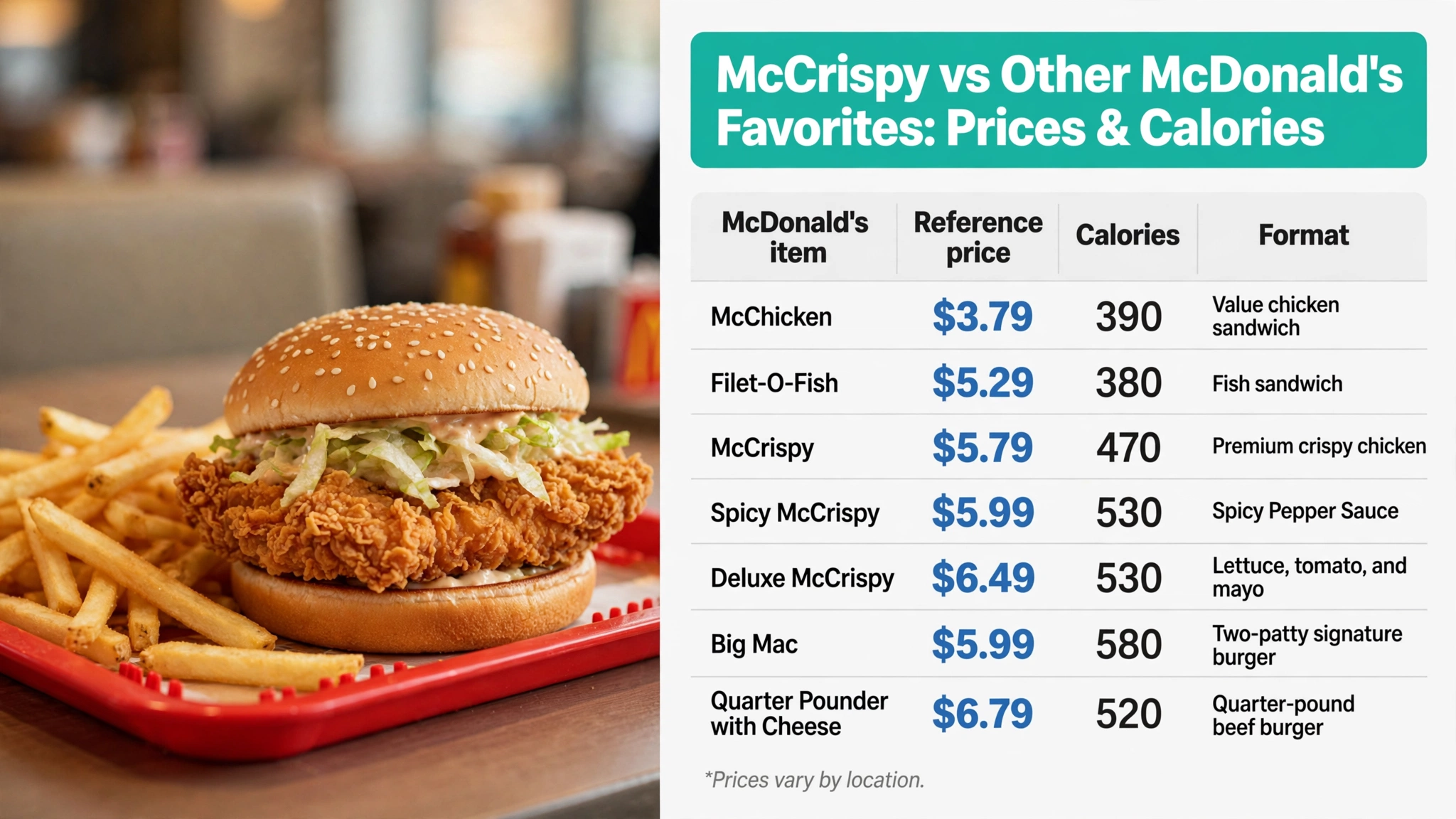 McDonald's McCrispy vs other McDonald's favorites prices and calories comparison infographic