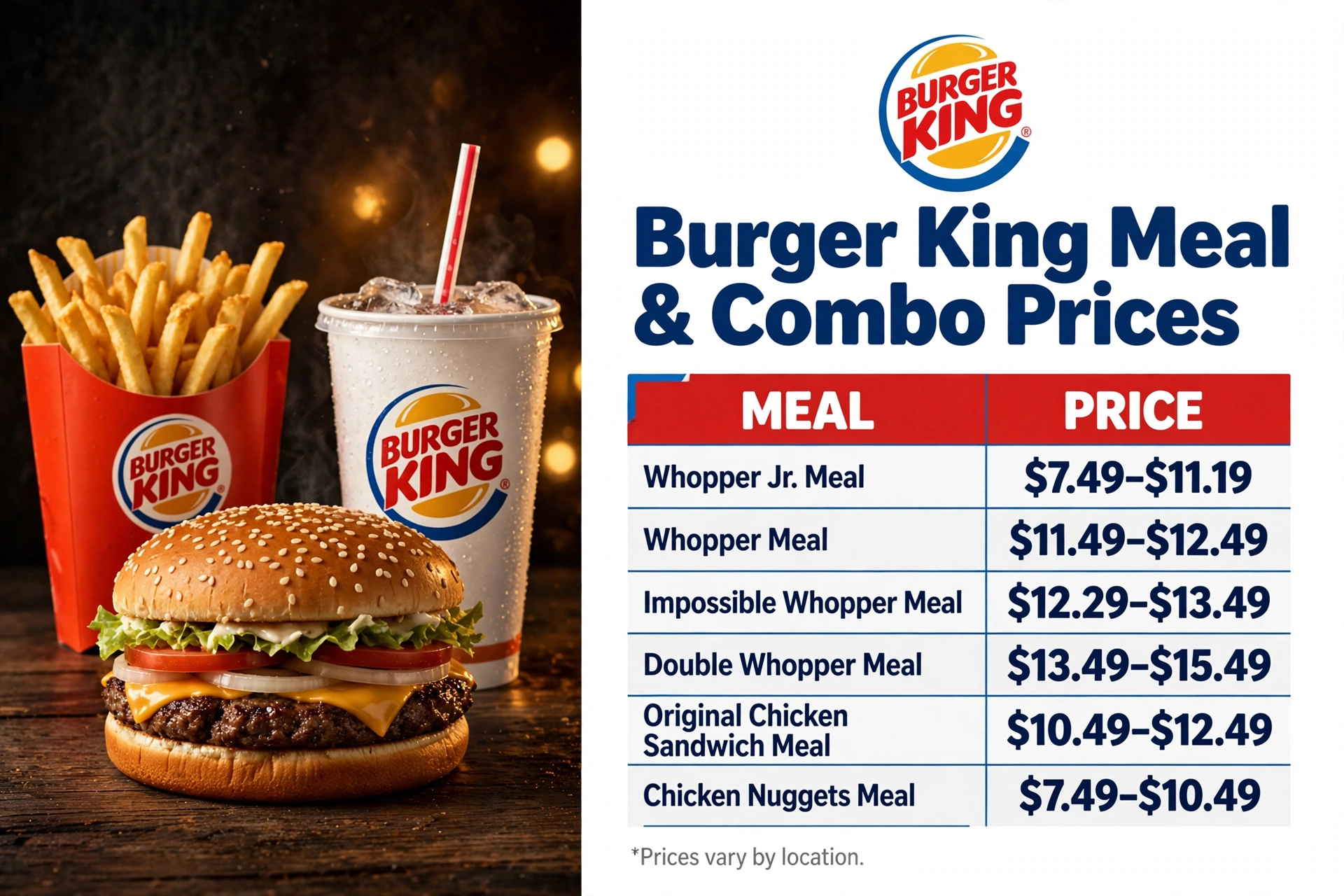 Burger King Meal Combo Prices Landscape infographic
