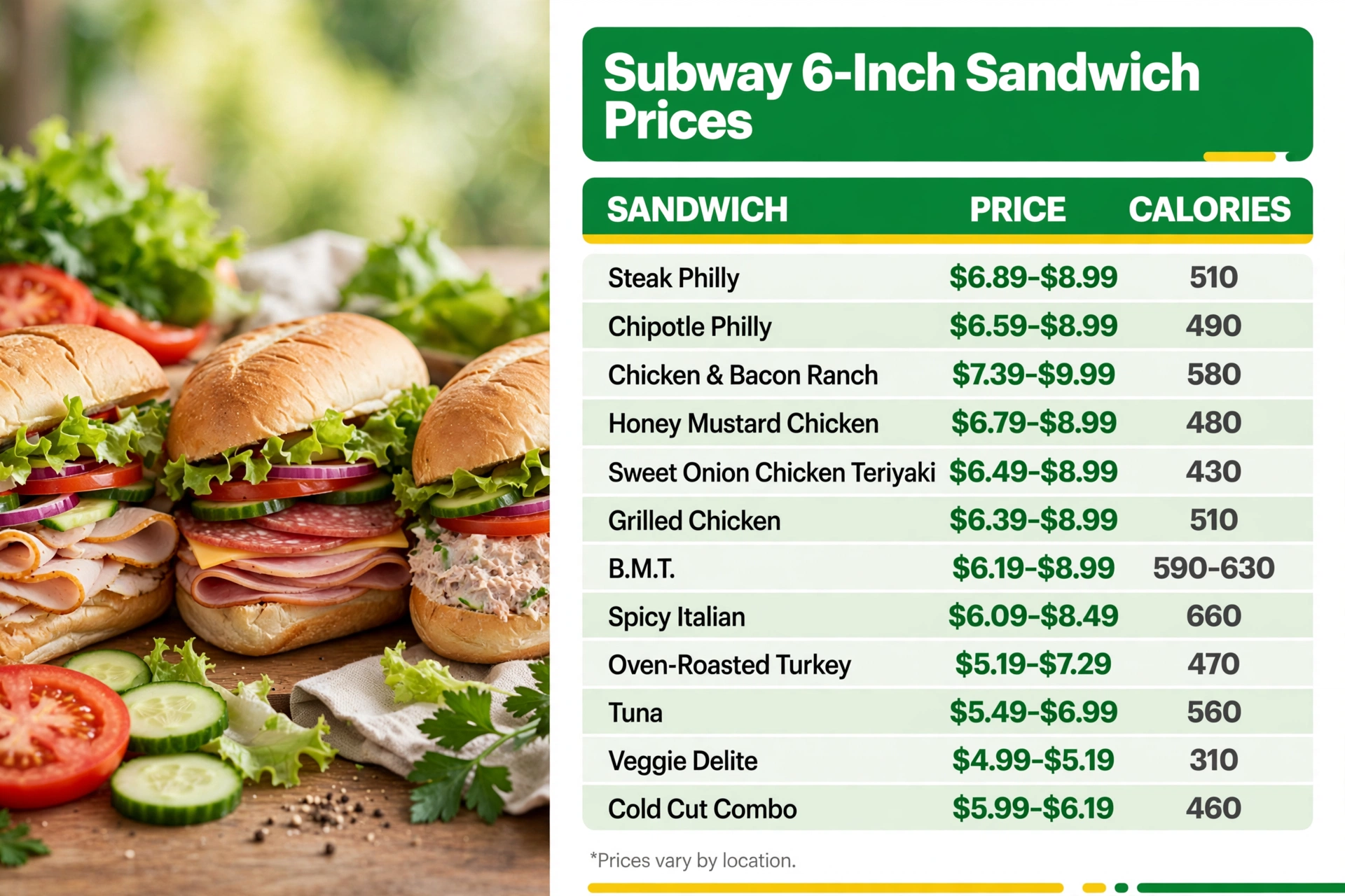 Subway 6 Inch Sandwich Prices Landscape infographic