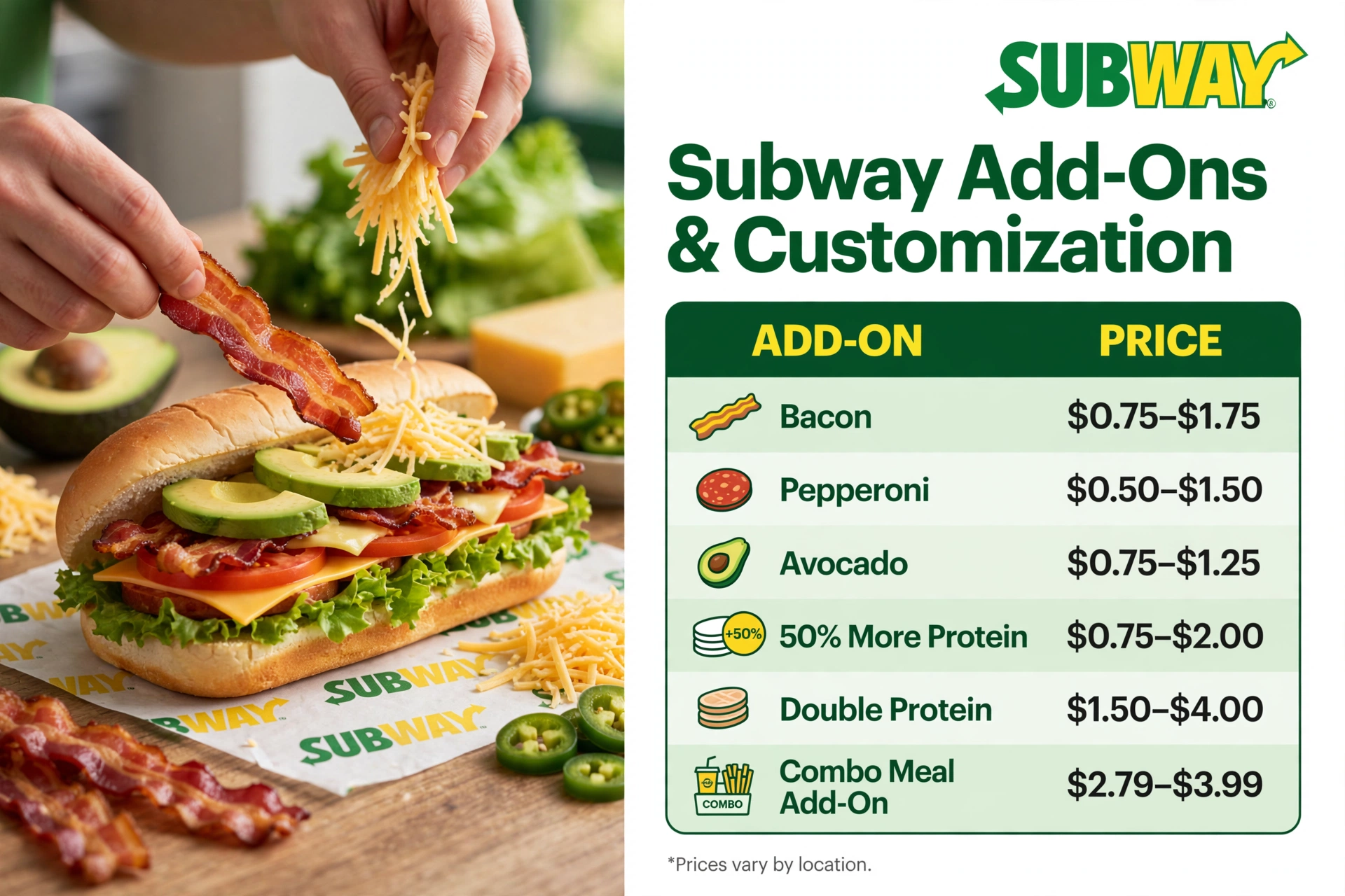 Subway Customization Add On Prices Landscape infographic