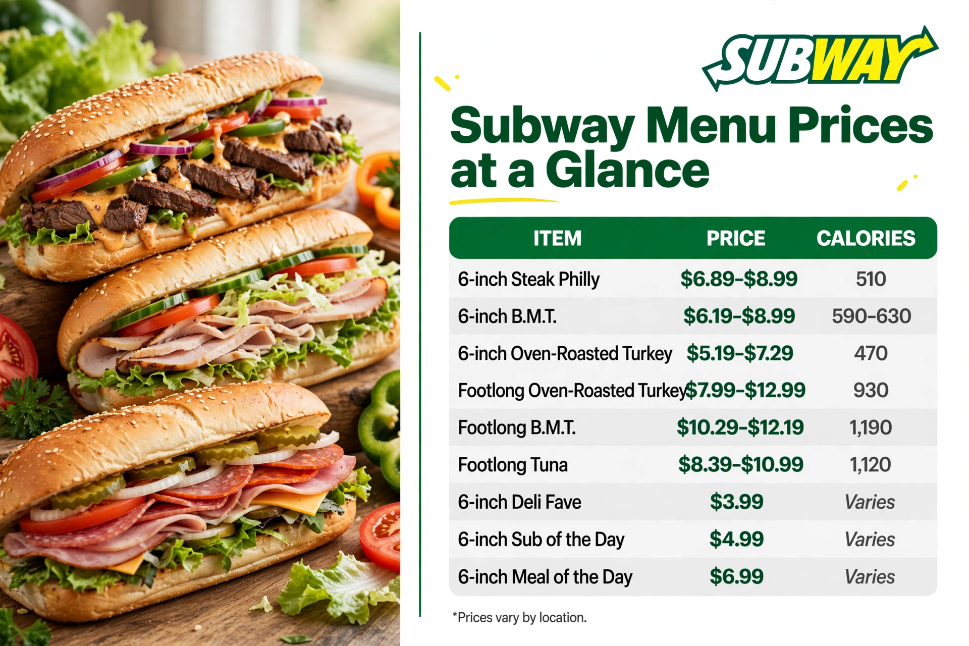 Subway Menu Prices At A Glance Landscape infographic