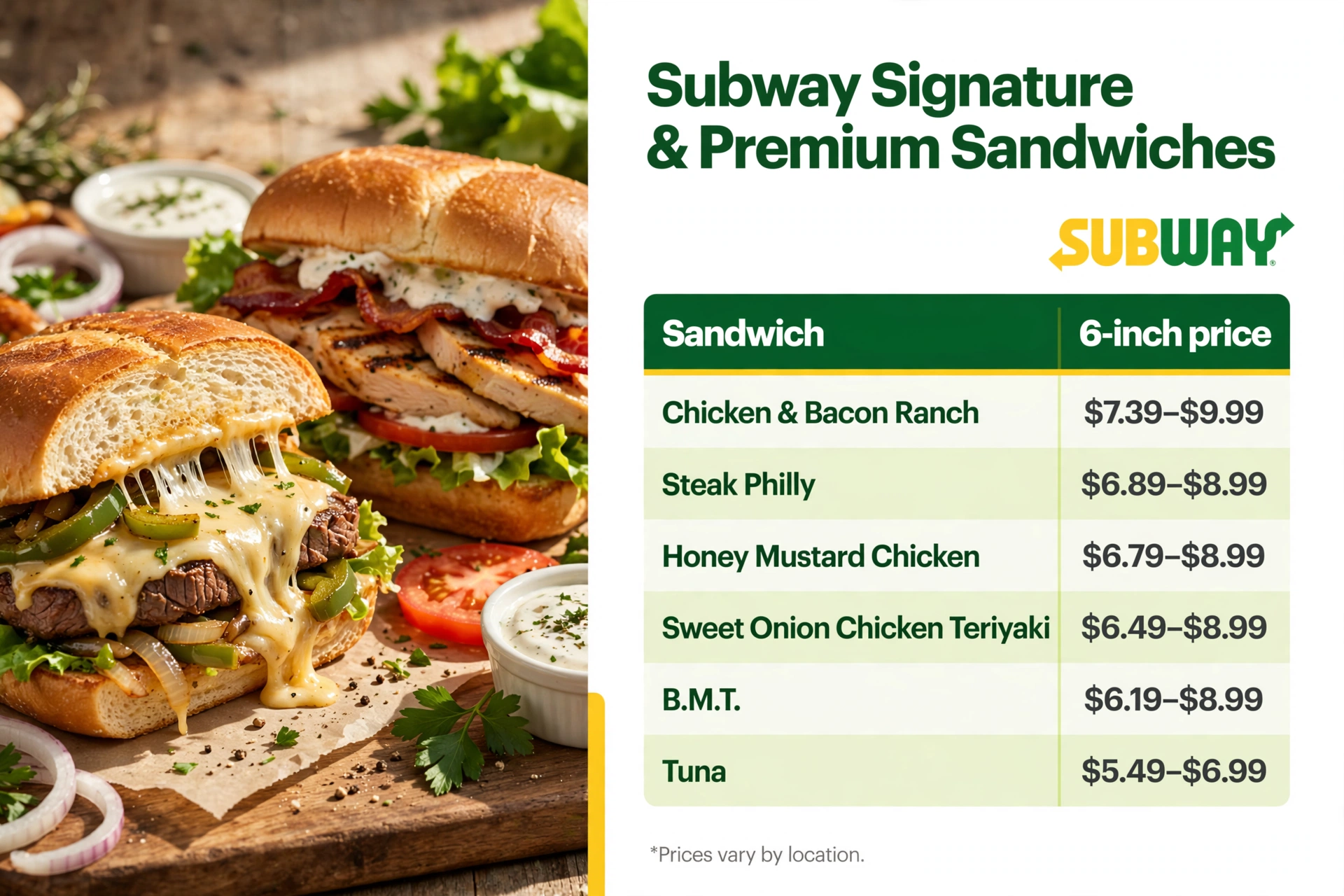 Subway Signature Premium Sandwich Prices Landscape infographic