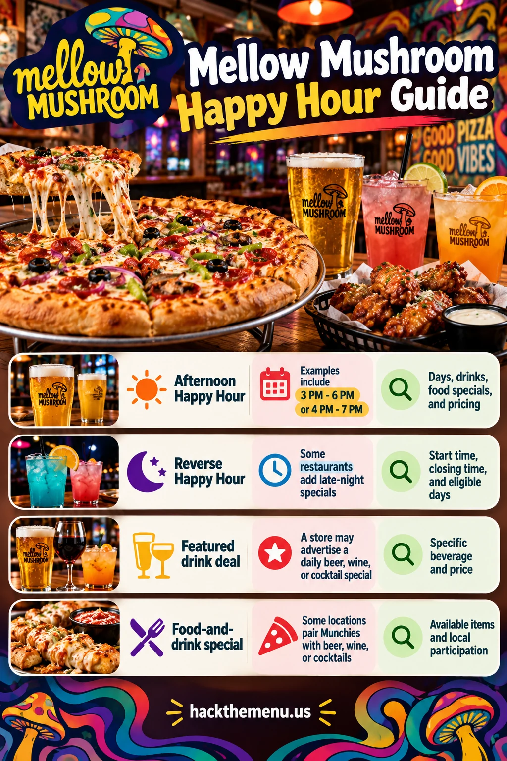 Mellow Mushroom Happy Hour Times infographic