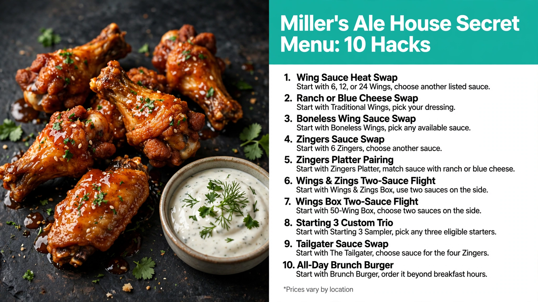 Miller's Ale House secret menu 10 hacks infographic: wing sauce swaps, Zingers pairings and brunch burger ordering guide