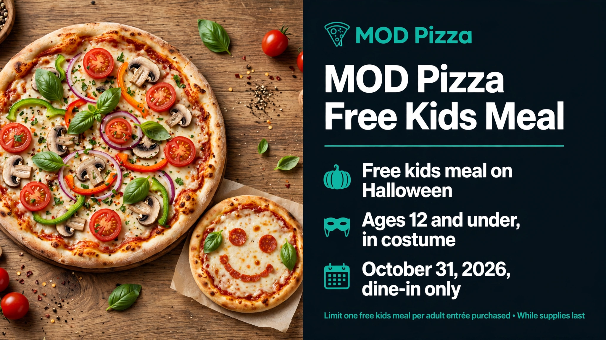 Mod Pizza Free Kids Meal Halloween deal infographic