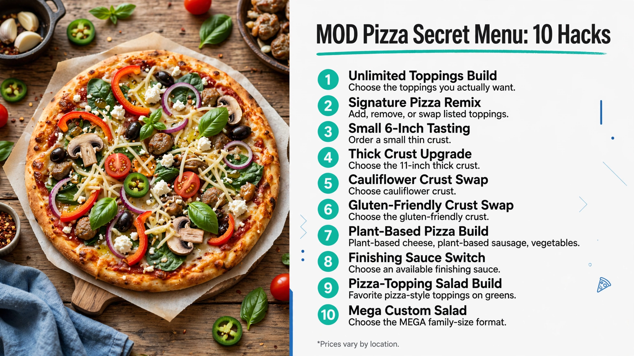 MOD Pizza Secret Menu infographic showing 10 ordering hacks: unlimited toppings build, signature pizza remix, small 6-inch tasting, thick crust upgrade, cauliflower and gluten-friendly crust swaps, plant-based build, finishing sauce switch, pizza-topping salad build, and Mega Custom Salad.