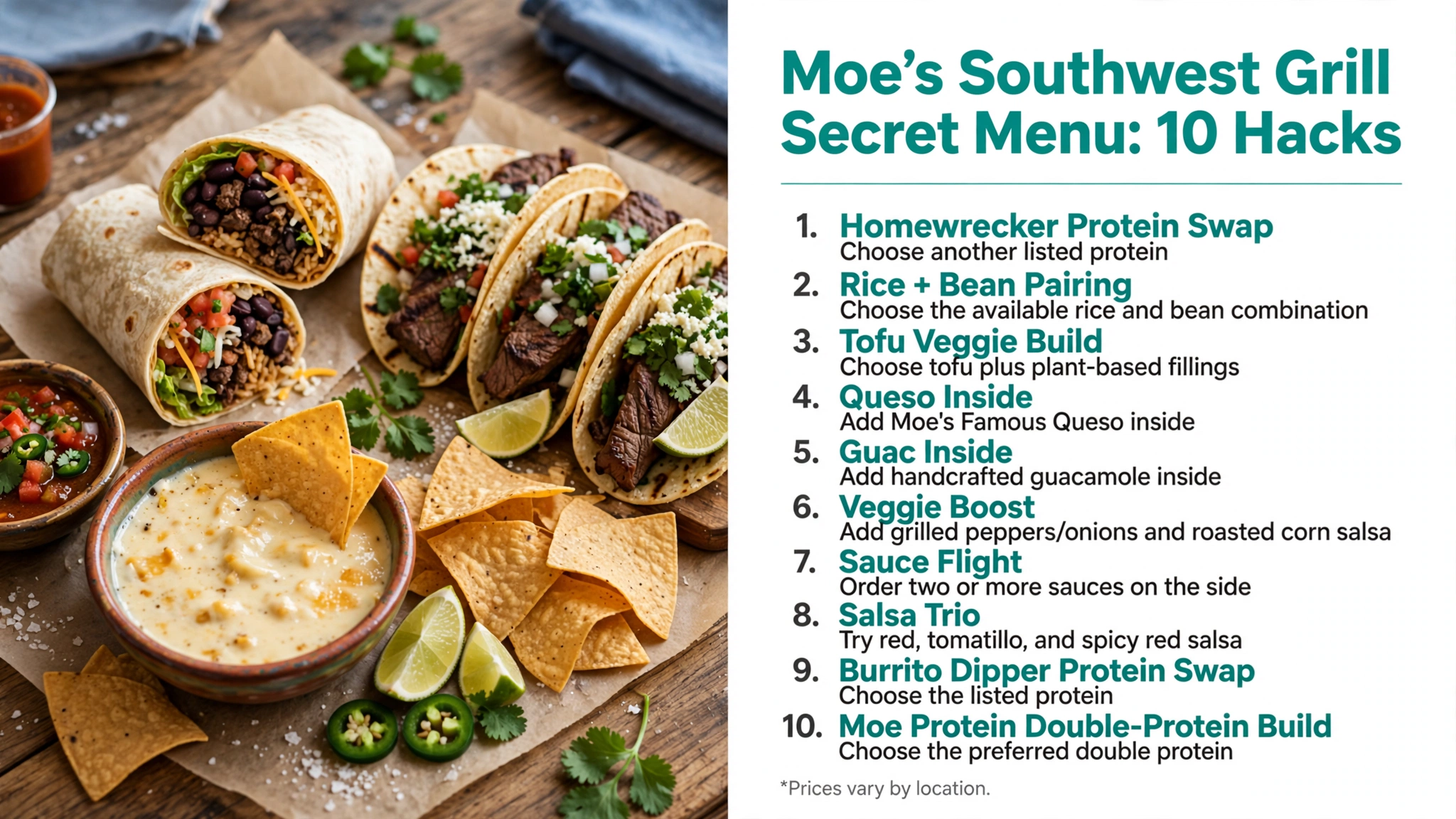 Moe's Southwest Grill secret menu hacks infographic showing 10 burrito and bowl hacks