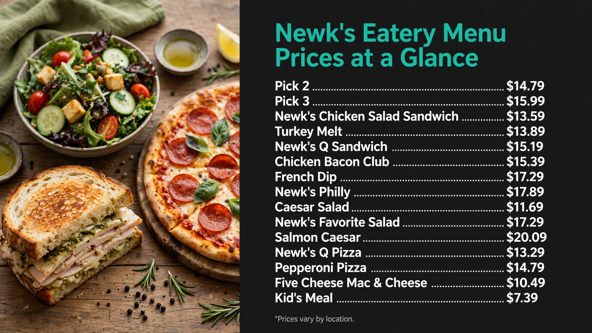 Newk's Eatery menu prices at a glance infographic with item names and prices