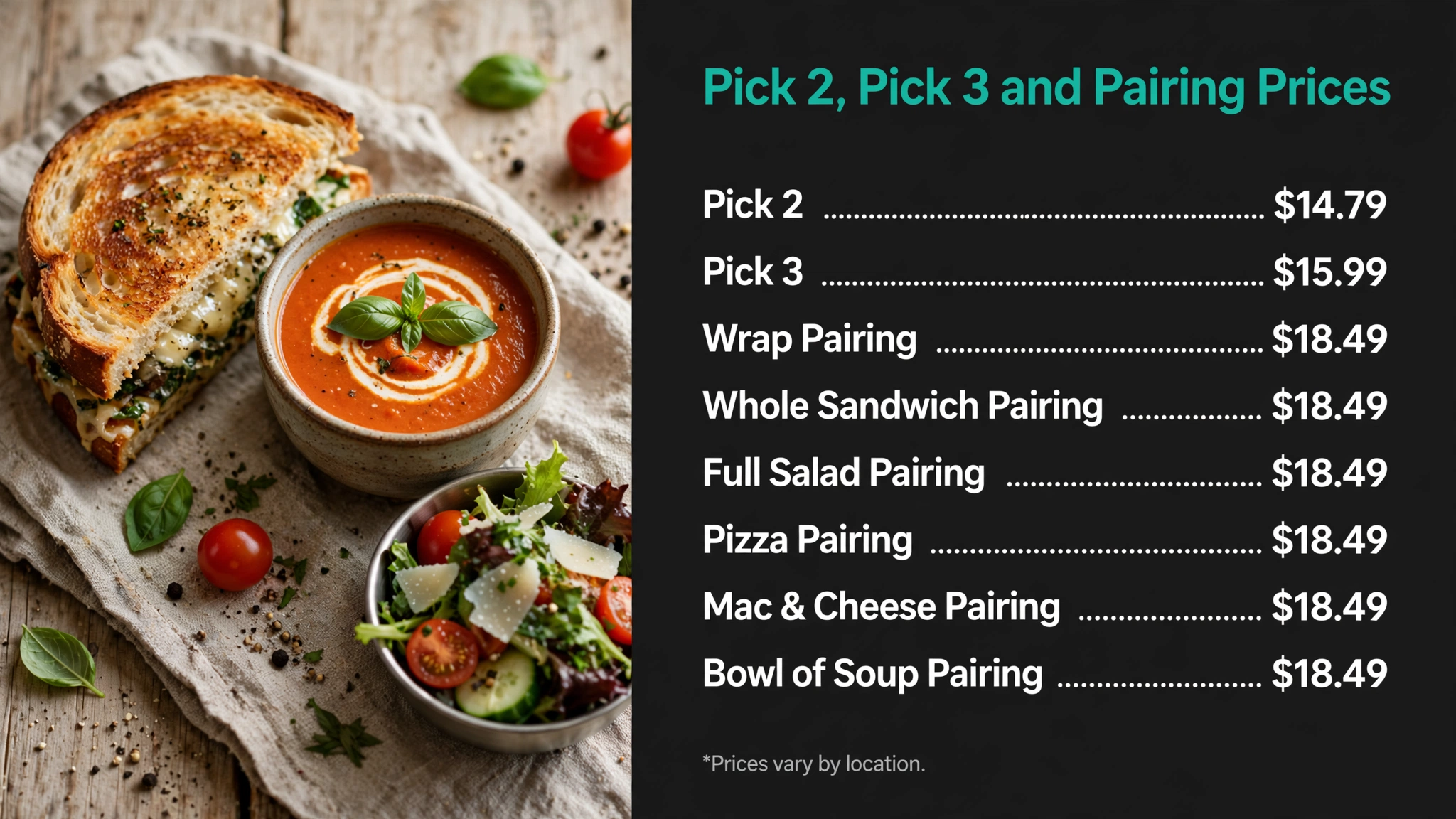 Newk's Eatery Pick 2 and pairing prices infographic with item names and prices