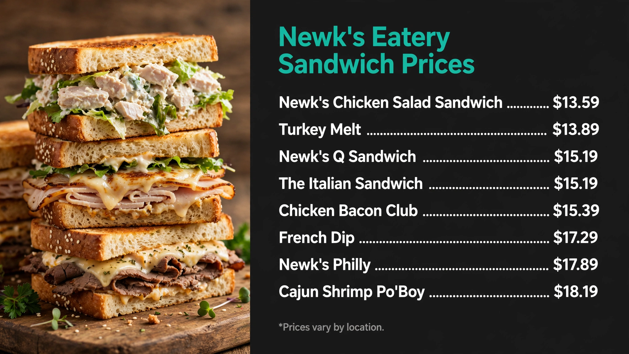 Newk's Eatery sandwich prices infographic with item names and prices