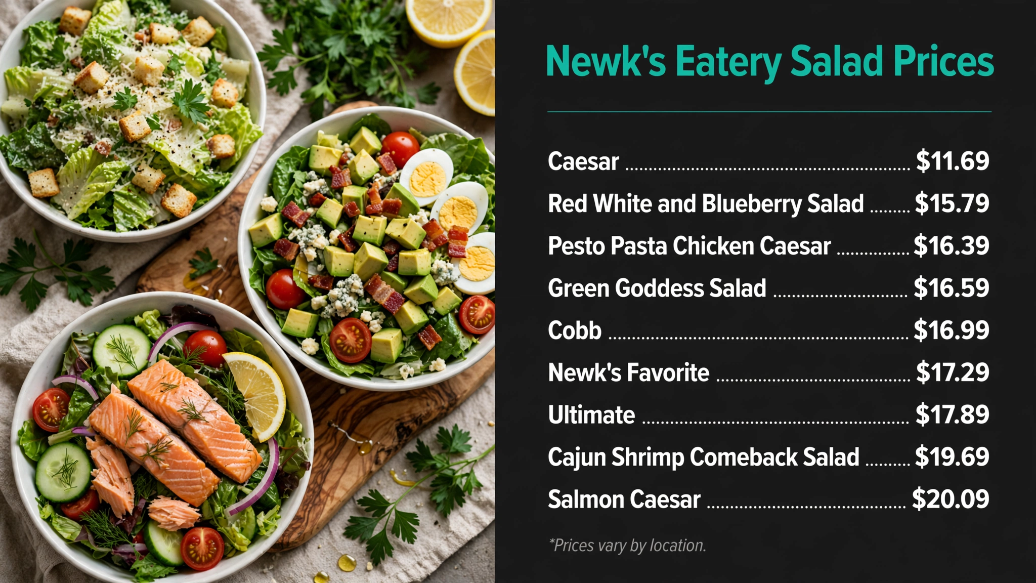 Newk's Eatery salad prices infographic with item names and prices