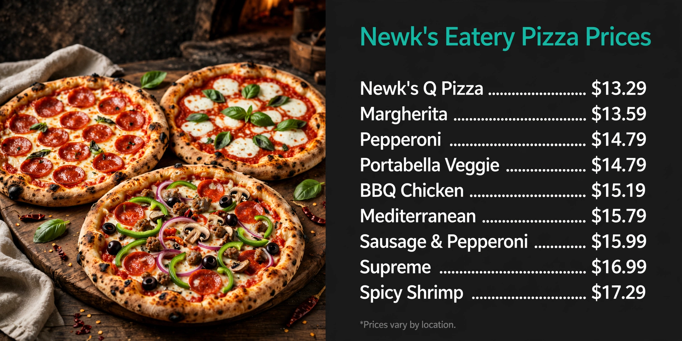 Newk's Eatery pizza prices infographic with item names and prices