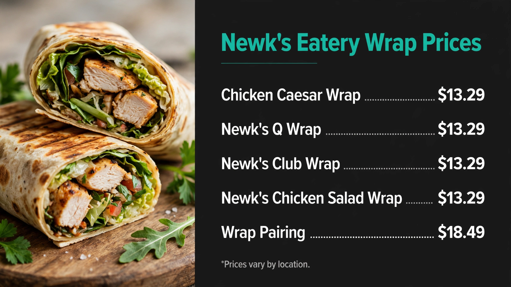 Newk's Eatery wrap prices infographic with item names and prices