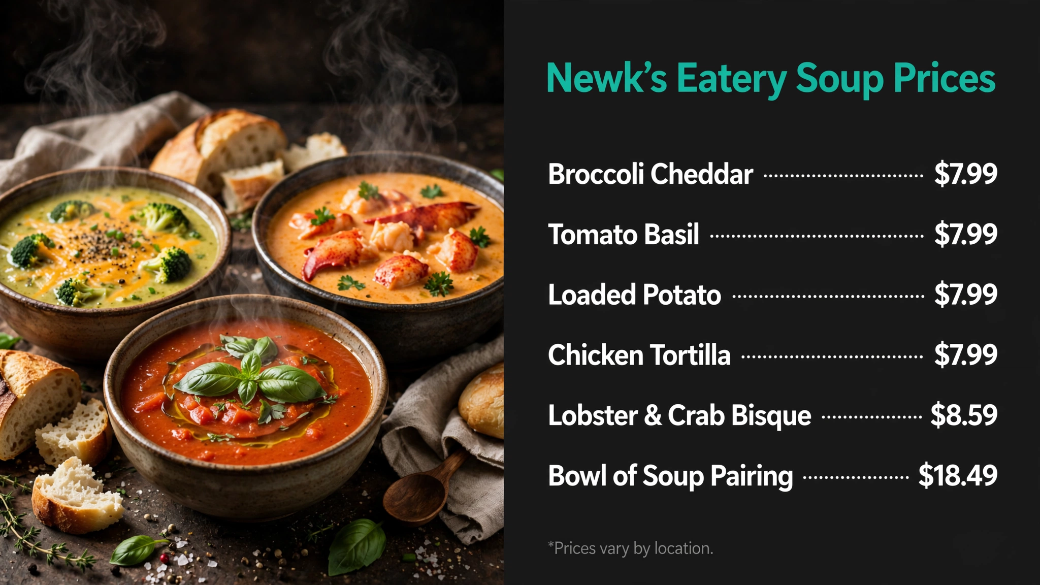 Newk's Eatery soup prices infographic with item names and prices