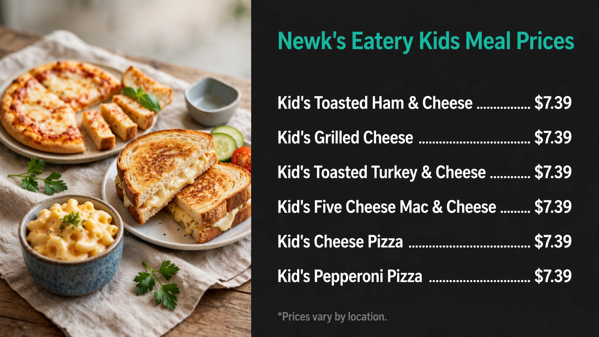 Newk's Eatery kids meal prices infographic with item names and prices