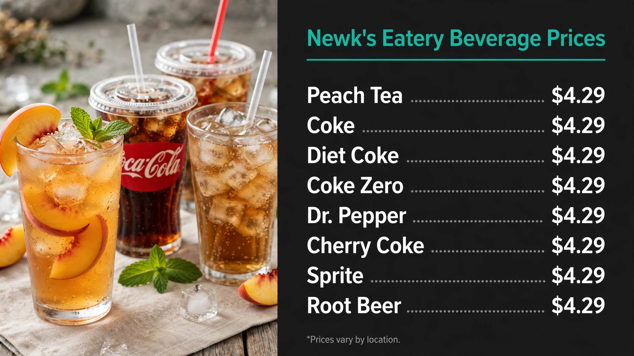 Newk's Eatery beverage prices infographic with item names and prices