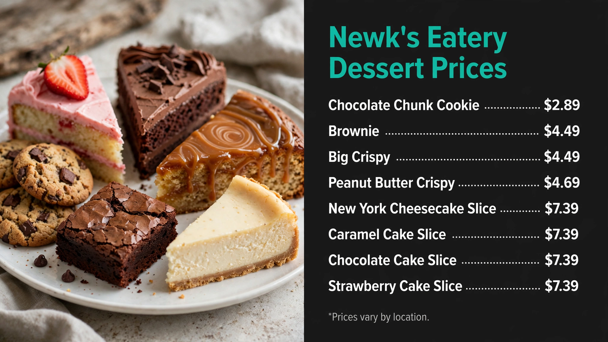 Newk's Eatery dessert prices infographic with item names and prices