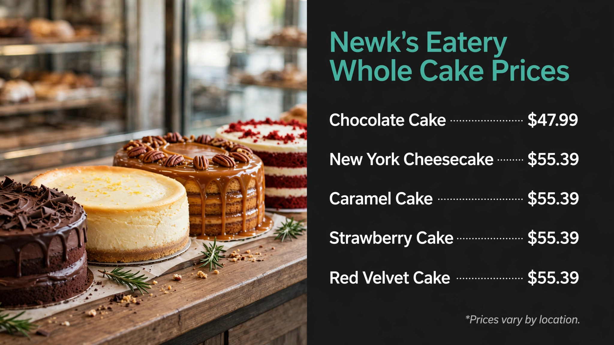 Newk's Eatery whole cake prices infographic with item names and prices